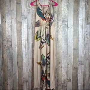 Fresh of LA Small Sleeveless Surplice Peplum Style Maxi Dress Feather Design